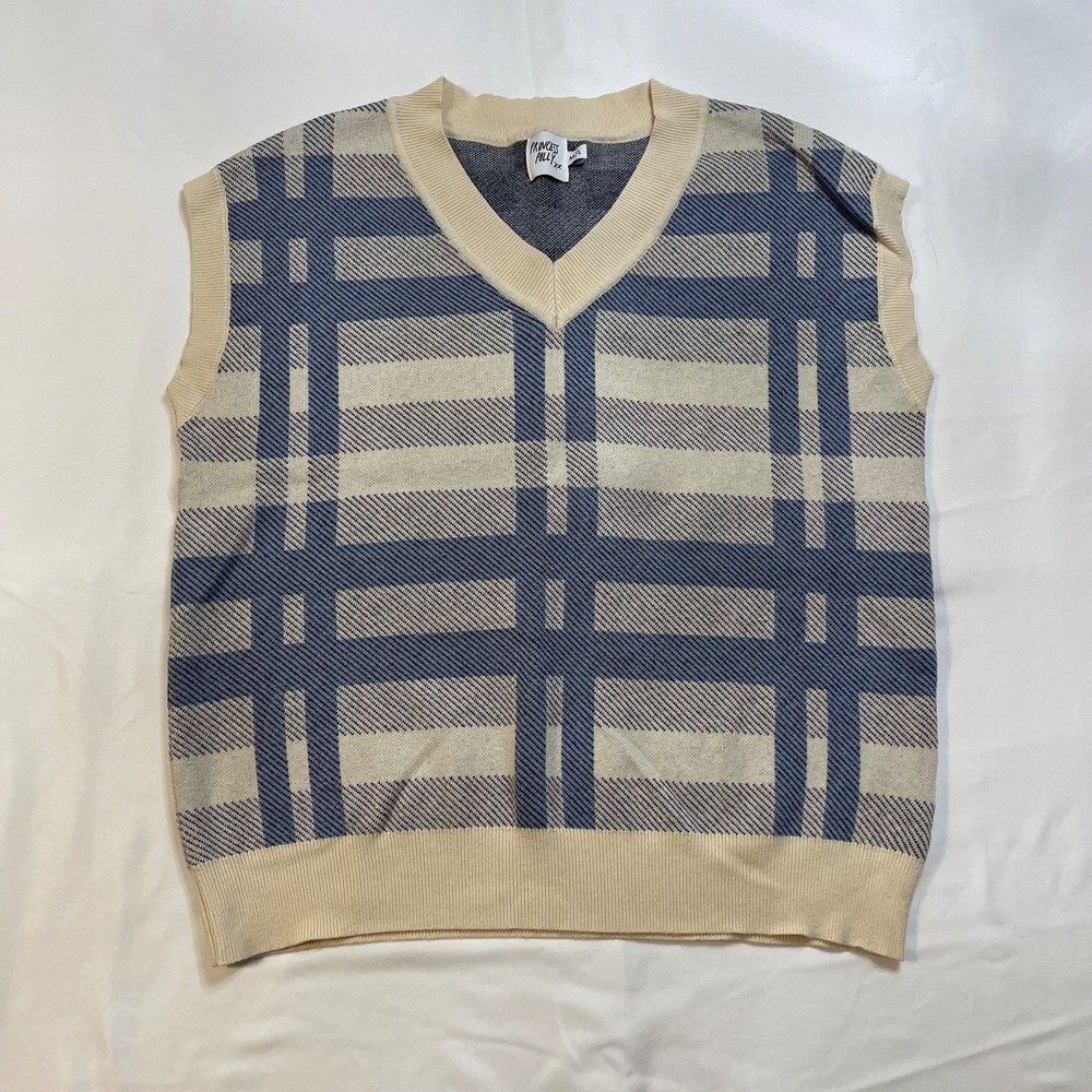 Princess Polly Plaid Sweater Vest M/L Blue Cream V Neck Preppy Knit Oversized